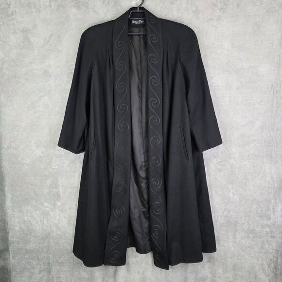 Womens Holly Deb Black 100% Pure Wool Embroidered Long Coat Open Front Size M - Picture 2 of 12